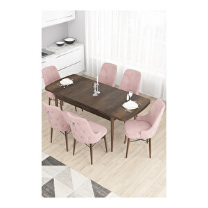 Taç Serisi, 80x132 Açılabilir Barok Ahşap Desen Mutfak Masası Takımı, 6 Sandalye Gümüş Halkalı Pembe