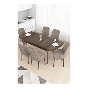 Taç Serisi, 80x132 Açılabilir Barok Ahşap Desen Mutfak Masası Takımı, 6 Sandalye Gümüş Halkalı Cappucino