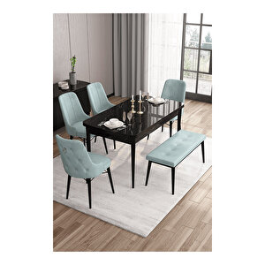 Taç Serisi, 80x132 Açılabilir Siyah Mermer Desen Masa Takımı, 4 Sandalye Gümüş Halkalı Ve 1 Bench Su Yeşili