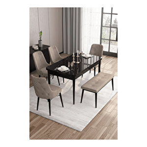 Taç Serisi, 80x132 Açılabilir Siyah Mermer Desen Masa Takımı, 4 Sandalye Gümüş Halkalı Ve 1 Bench Cappucino