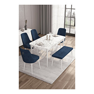 Taç Serisi, 80x132 Açılabilir Beyaz Mermer Desen Masa Takımı, 4 Sandalye Gümüş Halkalı Ve 1 Bench Lacivert