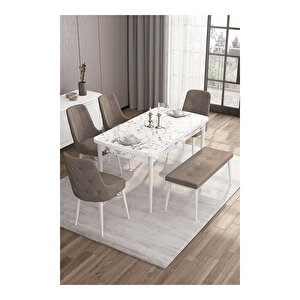 Taç Serisi, 80x132 Açılabilir Beyaz Mermer Desen Masa Takımı, 4 Sandalye Gümüş Halkalı Ve 1 Bench Cappucino