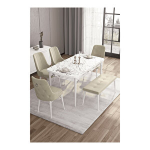 Taç Serisi, 80x132 Açılabilir Beyaz Mermer Desen Masa Takımı, 4 Sandalye Gümüş Halkalı Ve 1 Bench Krem
