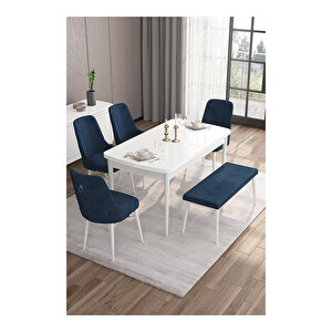 Taç Serisi, Beyaz Mutfak Masa Takımı 80x132 Açılabilir, 4 Sandalye Gümüş Halkalı 1 Bench