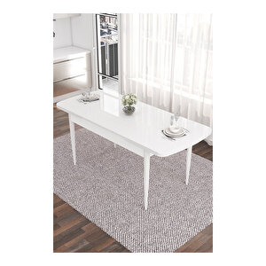 Taç Serisi, Beyaz Mutfak Masa Takımı 80x132 Açılabilir, 4 Sandalye Gümüş Halkalı 1 Bench Kahverengi
