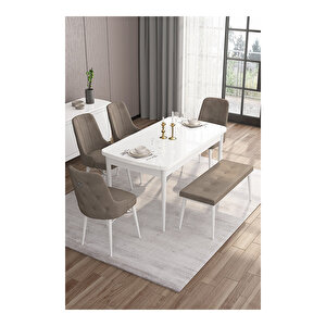 Taç Serisi, Beyaz Mutfak Masa Takımı 80x132 Açılabilir, 4 Sandalye Gümüş Halkalı 1 Bench Cappucino