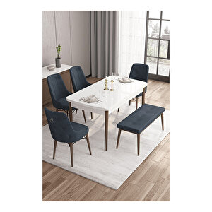Taç Serisi, 80x132 Açılabilir Beyaz Masa Ceviz Ayak Mutfak Masası Takımı, 4 Sandalye Gümüş Halkalı 1 Bench Antrasit
