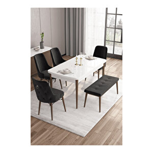 Taç Serisi, 80x132 Açılabilir Beyaz Masa Ceviz Ayak Mutfak Masası Takımı, 4 Sandalye Gümüş Halkalı 1 Bench Siyah