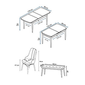 Taç Serisi, 80x132 Açılabilir Beyaz Masa Ceviz Ayak Mutfak Masası Takımı, 4 Sandalye Gümüş Halkalı 1 Bench