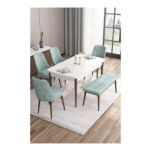 Taç Serisi, 80x132 Açılabilir Beyaz Masa Ceviz Ayak Mutfak Masası Takımı, 4 Sandalye Gümüş Halkalı 1 Bench Su Yeşili