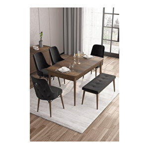 Taç Serisi, 80x132 Açılabilir Barok Ahşap Desen Mutfak Masası Takımı, 4 Sandalye Gümüş Halkalı 1 Bench Siyah