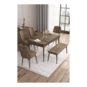Taç Serisi, 80x132 Açılabilir Barok Ahşap Desen Mutfak Masası Takımı, 4 Sandalye Gümüş Halkalı 1 Bench Kahverengi
