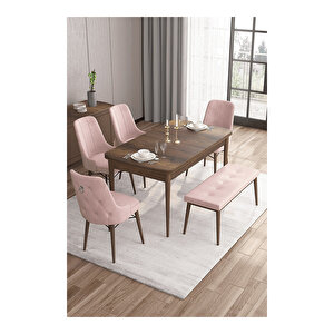 Taç Serisi, 80x132 Açılabilir Barok Ahşap Desen Mutfak Masası Takımı, 4 Sandalye Gümüş Halkalı 1 Bench Pembe