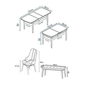 Taç Serisi, 80x132 Açılabilir Barok Ahşap Desen Mutfak Masası Takımı, 4 Sandalye Gümüş Halkalı 1 Bench