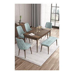 Taç Serisi, 80x132 Açılabilir Barok Ahşap Desen Mutfak Masası Takımı, 4 Sandalye Gümüş Halkalı 1 Bench Su Yeşili