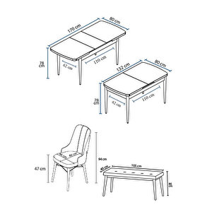 Taç Serisi, 80x132 Açılabilir Barok Ahşap Desen Mutfak Masası Takımı, 4 Sandalye Gümüş Halkalı 1 Bench