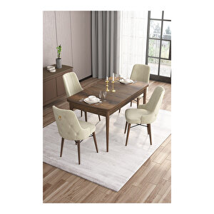 Are Serisi, Mdf 80x132 Açılabilir Barok Ahşap Desen Mutfak Masa Takımı, 4 Sandalye Gold Halkalı Krem
