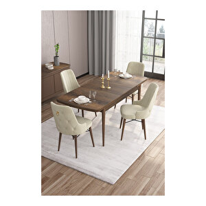 Are Serisi, Mdf 80x132 Açılabilir Barok Ahşap Desen Mutfak Masa Takımı, 4 Sandalye Gold Halkalı Krem