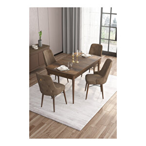 Are Serisi, Mdf 80x132 Açılabilir Barok Ahşap Desen Mutfak Masa Takımı, 4 Sandalye Gold Halkalı Kahverengi