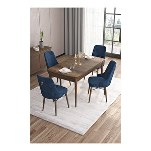 Are Serisi, Mdf 80x132 Açılabilir Barok Ahşap Desen Mutfak Masa Takımı, 4 Sandalye Gold Halkalı Lacivert