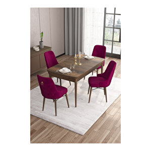 Are Serisi, Mdf 80x132 Açılabilir Barok Ahşap Desen Mutfak Masa Takımı, 4 Sandalye Gold Halkalı Mürdüm