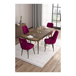 Are Serisi, Mdf 80x132 Açılabilir Barok Ahşap Desen Mutfak Masa Takımı, 4 Sandalye Gold Halkalı Mürdüm
