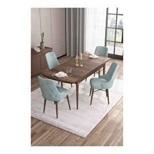 Are Serisi, Mdf 80x132 Açılabilir Barok Ahşap Desen Mutfak Masa Takımı, 4 Sandalye Gold Halkalı Su Yeşili