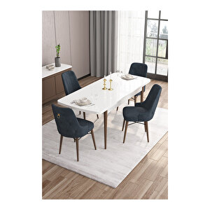 Are Serisi,beyaz Masa Ceviz Ayak Mdf 80x132 Açılabilir Yemek Odası Takımı,4 Sandalye Gold Halkalı Antrasit