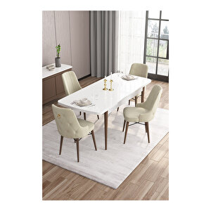Are Serisi,beyaz Masa Ceviz Ayak Mdf 80x132 Açılabilir Yemek Odası Takımı,4 Sandalye Gold Halkalı Krem