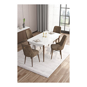 Are Serisi,beyaz Masa Ceviz Ayak Mdf 80x132 Açılabilir Yemek Odası Takımı,4 Sandalye Gold Halkalı Kahverengi