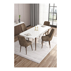 Are Serisi,beyaz Masa Ceviz Ayak Mdf 80x132 Açılabilir Yemek Odası Takımı,4 Sandalye Gold Halkalı Kahverengi