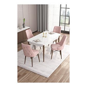 Are Serisi,beyaz Masa Ceviz Ayak Mdf 80x132 Açılabilir Yemek Odası Takımı,4 Sandalye Gold Halkalı Pembe