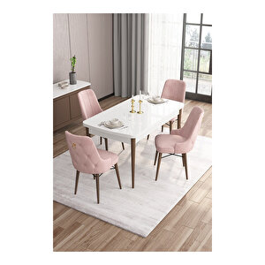 Are Serisi,beyaz Masa Ceviz Ayak Mdf 80x132 Açılabilir Yemek Odası Takımı,4 Sandalye Gold Halkalı Pembe