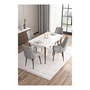 Are Serisi,beyaz Masa Ceviz Ayak Mdf 80x132 Açılabilir Yemek Odası Takımı,4 Sandalye Gold Halkalı Gri
