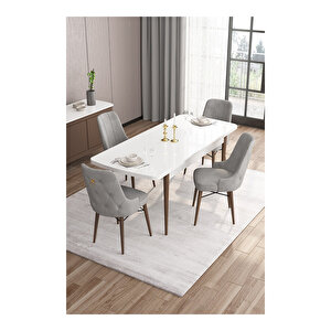Are Serisi,beyaz Masa Ceviz Ayak Mdf 80x132 Açılabilir Yemek Odası Takımı,4 Sandalye Gold Halkalı Gri