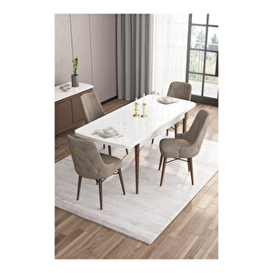 Are Serisi,beyaz Masa Ceviz Ayak Mdf 80x132 Açılabilir Yemek Odası Takımı,4 Sandalye Gold Halkalı Cappucino