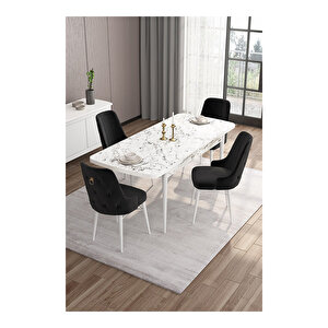 Are Serisi, 80x132 Mdf Açılabilir Beyaz Mermer Desen Masa Takımı, 4 Sandalye Gold Halkalı Siyah