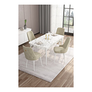 Are Serisi, 80x132 Mdf Açılabilir Beyaz Mermer Desen Masa Takımı, 4 Sandalye Gold Halkalı Krem