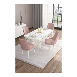 Are Serisi, 80x132 Mdf Açılabilir Beyaz Mermer Desen Masa Takımı, 4 Sandalye Gold Halkalı Pembe
