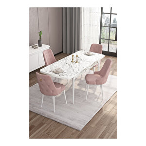 Are Serisi, 80x132 Mdf Açılabilir Beyaz Mermer Desen Masa Takımı, 4 Sandalye Gold Halkalı Pembe