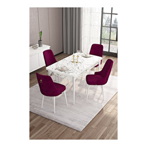 Are Serisi, 80x132 Mdf Açılabilir Beyaz Mermer Desen Masa Takımı, 4 Sandalye Gold Halkalı Mürdüm