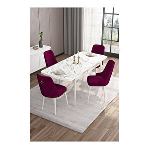 Are Serisi, 80x132 Mdf Açılabilir Beyaz Mermer Desen Masa Takımı, 4 Sandalye Gold Halkalı Mürdüm