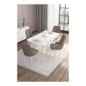 Are Serisi, 80x132 Mdf Açılabilir Beyaz Mermer Desen Masa Takımı, 4 Sandalye Gold Halkalı Cappucino