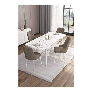 Are Serisi, 80x132 Mdf Açılabilir Beyaz Mermer Desen Masa Takımı, 4 Sandalye Gold Halkalı Cappucino