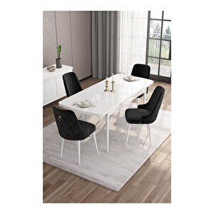 Are Serisi, 80x132 Mdf Açılabilir Beyaz Masa Takımı, 4 Sandalye Gold Halkalı Siyah