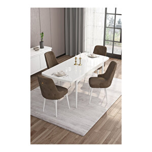 Are Serisi, 80x132 Mdf Açılabilir Beyaz Masa Takımı, 4 Sandalye Gold Halkalı Kahverengi