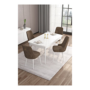 Are Serisi, 80x132 Mdf Açılabilir Beyaz Masa Takımı, 4 Sandalye Gold Halkalı Kahverengi