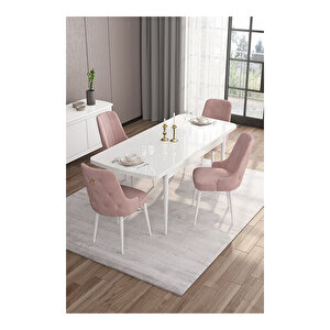Are Serisi, 80x132 Mdf Açılabilir Beyaz Masa Takımı, 4 Sandalye Gold Halkalı Pembe