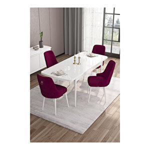 Are Serisi, 80x132 Mdf Açılabilir Beyaz Masa Takımı, 4 Sandalye Gold Halkalı Mürdüm