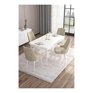 Are Serisi, 80x132 Mdf Açılabilir Beyaz Masa Takımı, 4 Sandalye Gold Halkalı Cappucino
